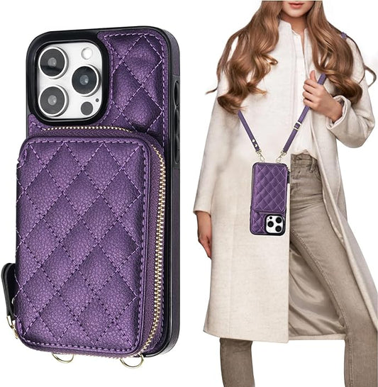 Bocasal Crossbody Wallet Case for iPhone 15 Pro Max, RFID Blocking PU Leather Zipper Handbag Purse Flip Cover, Kickstand Folio Case with Card Slots Holder Wrist Strap Lanyard 5G 6.7 Inch (Dark Purple)