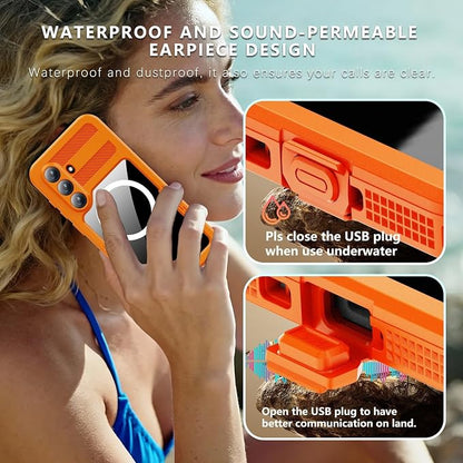 Omio for Galaxy S26+ Plus Waterproof Case Compatible with MagSafe Magnetic Waterproof Full Body IP68 Underwater Case Built-in Screen Protector Military Grade Shockproof Case for Men Women Orange
