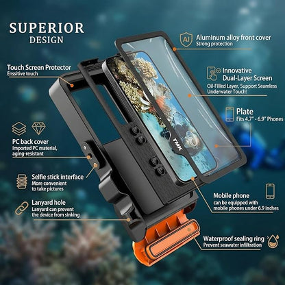 Diving Phone Case for iPhone 17 16 15 14 13 Pro Max Galaxy S25 S24 S23 Ultra, 50ft/15m Professional Waterproof Underwater Case with Real Touchscreen, Universal Camera Housing for Snorkeling (Black)