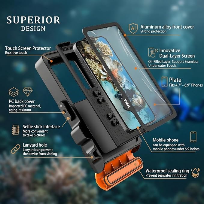 Diving Phone Case for iPhone 17 16 15 14 13 Pro Max Galaxy S25 S24 S23 Ultra, 50ft/15m Professional Waterproof Underwater Case with Real Touchscreen, Universal Camera Housing for Snorkeling (Orange)