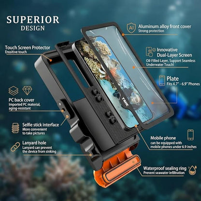 Diving Phone Case for iPhone 17 16 15 14 13 Pro Max Galaxy S25 S24 S23 Ultra, 50ft/15m Professional Waterproof Underwater Case with Real Touchscreen, Universal Camera Housing for Snorkeling (Orange)