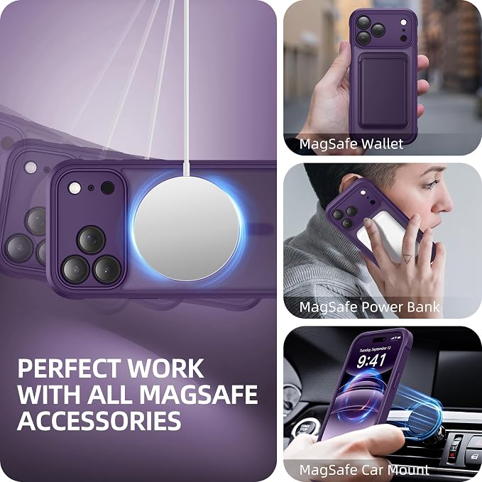 BERFY for iPhone 17 Pro Case, Compatible with MagSafe, Built-in Glass Screen Protector, Camera Protection, Shockproof Full Body Phone case 6.3", Translucent Deep Purple