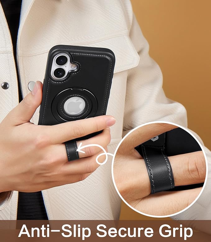 for iPhone 16 Plus Leather Case with Stand, Anti-Slip Grip Ring, Fits for MagSafe (Black, iPhone 16 Plus)