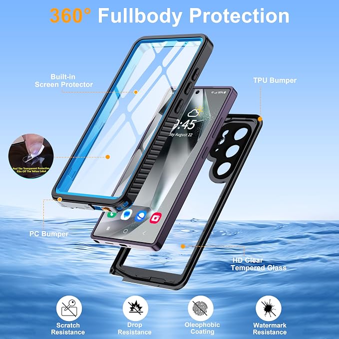 GOLDJU for Samsung Galaxy S25 Ultra Case Waterproof,IP68 Waterproof Dustproof Case with Built-in Screen Protector, Full Body Protective Phone Cover for Galaxy S25 Ultra 6.9 Inch, Blue/Clear