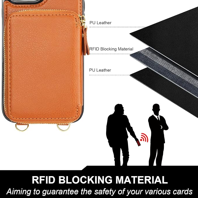Bocasal for MagSafe Crossbody Wallet Case Compatible with iPhone 13 Pro Max, RFID Blocking Protective Purse Case with Card Slots Holder Kickstand Wrist Strap Lanyard Zipper 6.7 Inch 5G (Brown)