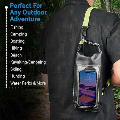 Pelican Marine IP68 Waterproof Dry Bag 2L - Roll Top Waterproof Backpack w/Phone Case/Pouch - Boating & Kayak Accessories - Essentials for Camping Swimming Beach Fishing Rafting Travel - Black/Yellow
