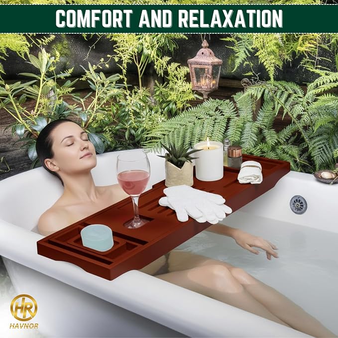 Bamboo Bathtub Caddy Tray Expandable & Foldable Bath Shelfwith Book, Tablet & Wine Holder Adjustable Wooden Bath Tray for Relaxing Spa atHome – Fits Most Tub Sizes.