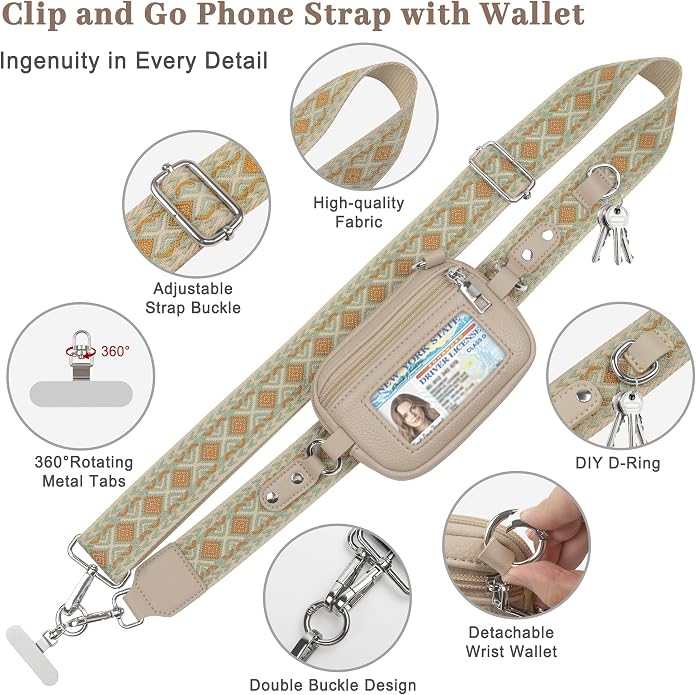 Clip and Go Cell Phone Pouch Lanyard Crossbody with Wallet | Adjustable Strap, Leather Purse Strap, Wrist Strap, For Women