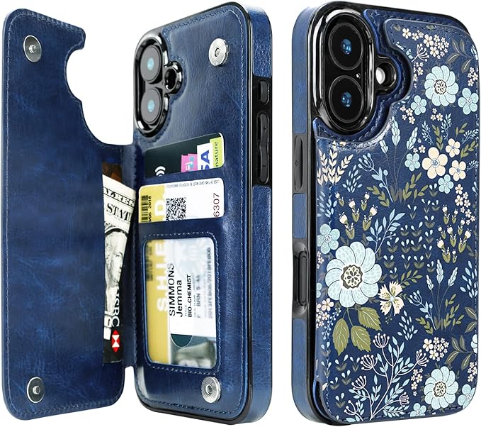 uCOLOR for iPhone 17 Wallet Case with Card Holder PU Leather RFID Blocking Design iPhone 17 flip case for Women Men Magnetic Clasp Kickstand Design 6.3 inch (Blue Daisy)
