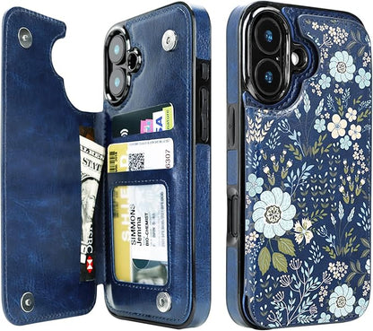 uCOLOR for iPhone 17 Wallet Case with Card Holder PU Leather RFID Blocking Design iPhone 17 flip case for Women Men Magnetic Clasp Kickstand Design 6.3 inch (Blue Daisy)