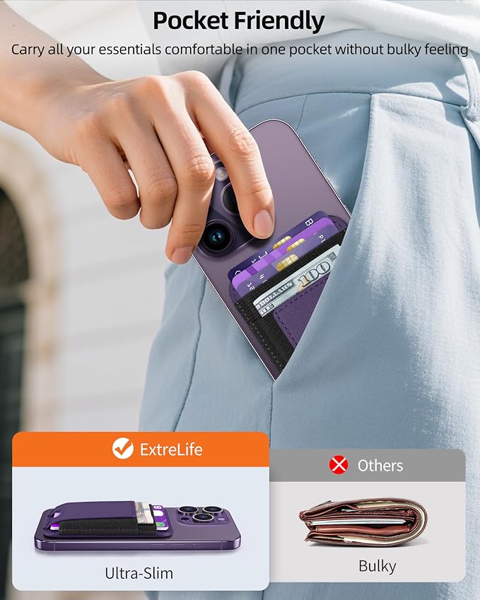 ExtreLife Upgraded for Magsafe Wallet, Strongest Magnetic Wallet for iPhone 17/16/15/14/13/12 Series, Magnetic Card Holder, Vegan Leather, Fit 7 Cards, Luxury Purple