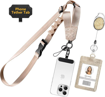 Azrra Adjustable Crossbody Cell Phone Lanyard for iPhone with Phone Tethers & Retractable ID Badge Card Holder (Beige)