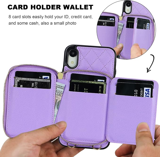 Bocasal Crossbody Wallet Case for iPhone Xr, RFID Blocking PU Leather Zipper Handbag Purse Flip Cover, Kickstand Folio Case with Card Slots Holder Wrist Strap Lanyard 6.1 Inch (Purple)