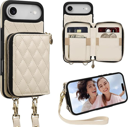 Keallce Case for iPhone Air 6.5'' Wallet Case, Crossbody Zipper Purse with Wrist Strap Lanyard Handbag, RFID Blocking Card Holders, Kickstand Flip Leather Cover for iPhone 17 Air, Beige