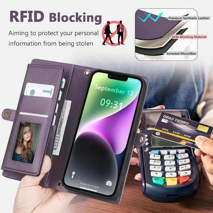 Wallet Case for iPhone 14 with Card Holder/Crossbody Wallet/Strap| RFID Blocking | Magnetic | Kickstand | Detachable | PU Leather Phone Case for iPhone 14,6.1 in,Purple