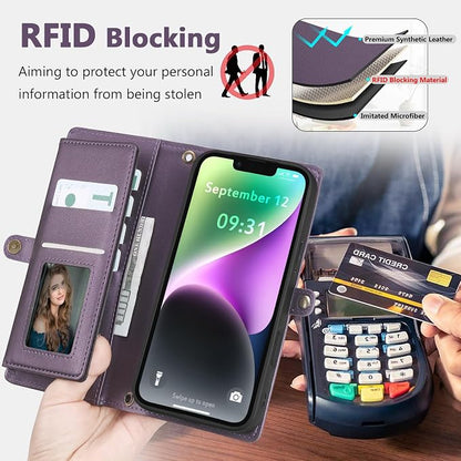 Wallet Case for iPhone 14 with Card Holder/Crossbody Wallet/Strap| RFID Blocking | Magnetic | Kickstand | Detachable | PU Leather Phone Case for iPhone 14,6.1 in,Purple