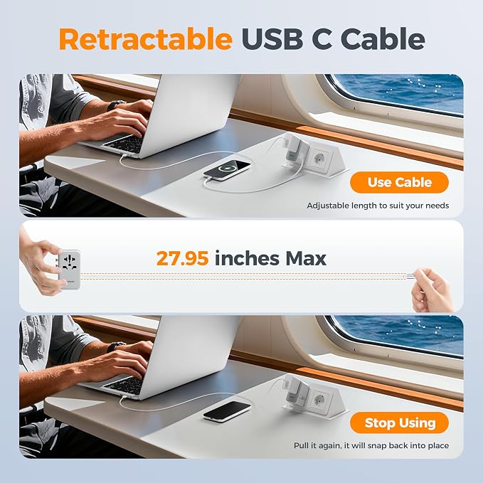 TESSAN Universal Travel Adapter PD 35W GaN | Built-in Retractable USB C Cable, 6 in 1 Worldwide, 4 USB Ports, US to Europe UK AUS, Type C G A I
