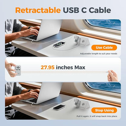 TESSAN Universal Travel Adapter PD 35W GaN | Built-in Retractable USB C Cable, 6 in 1 Worldwide, 4 USB Ports, US to Europe UK AUS, Type C G A I