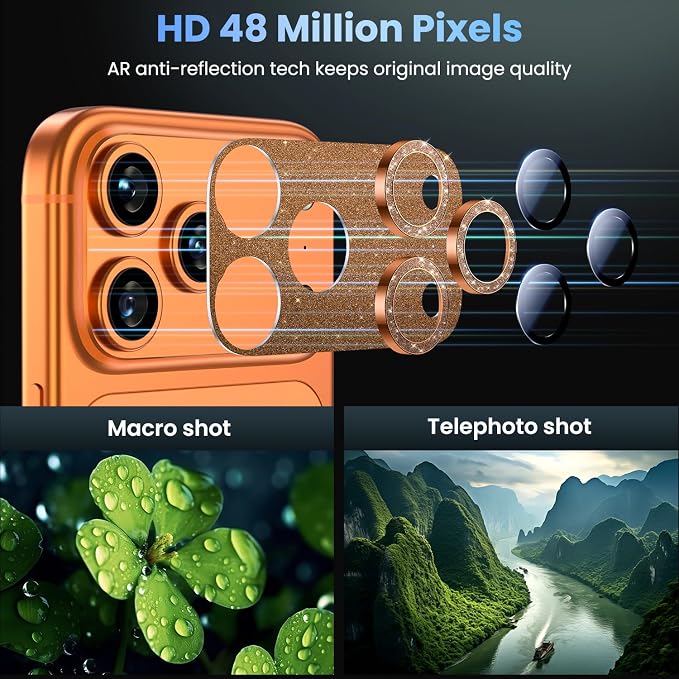Uyiton for iPhone 17-Pro-Max Camera-Lens Protector: Bling [Not Easy to Break][Strong Adsorption][Case-Friendly] Metal Tempered Glass Rear Camera Screen Cover - Glitter Orange