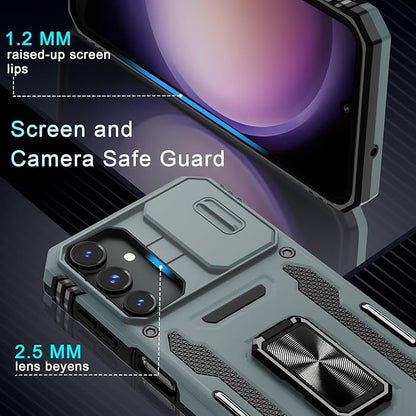 DEERLAMN Case for Samsung Galaxy A16 5G with Slide Camera Cover+Screen Protector (1 Pack), Rotated Ring Kickstand Military Grade Shockproof Protective Cover-Grey