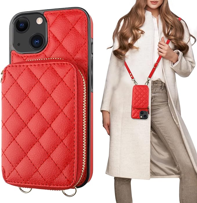 Bocasal Crossbody Wallet Case for iPhone 13, RFID Blocking PU Leather Zipper Handbag Purse Flip Cover, Kickstand Folio Case with Card Slots Holder Wrist Strap Lanyard 5G 6.1 Inch (Red)