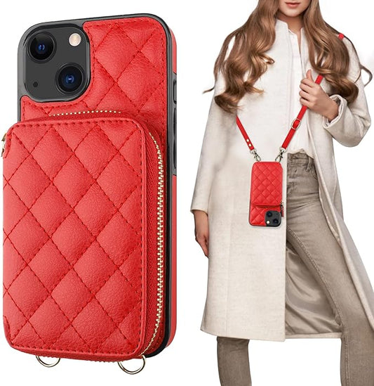 Bocasal Crossbody Wallet Case for iPhone 13, RFID Blocking PU Leather Zipper Handbag Purse Flip Cover, Kickstand Folio Case with Card Slots Holder Wrist Strap Lanyard 5G 6.1 Inch (Red)