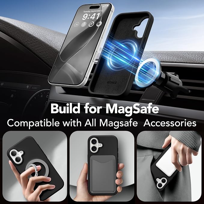 GONEZ Magnetic for iPhone 17 Case, Compatible with MagSafe, [Screen Protector + Camera Lens Protector], Liquid Silicone Anti-Scratch Shockproof Protective Phone Case 6.3 inch, Black