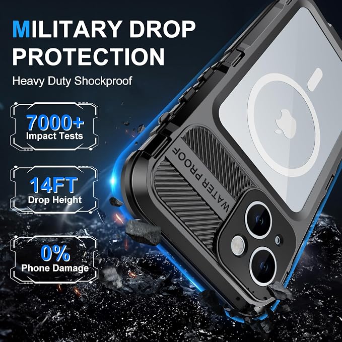 WIFORT for iPhone 15 Plus Waterproof Case - Built-in [Screen Protector][IP68 Water Proof][14FT Military Grade Shockproof], Rugged Metal Full Body Aluminum Protective Drop Protection Cover, 6.7" Black