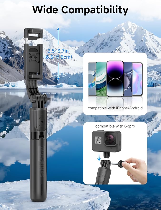 Mini Selfie Stick Travel Tripod for Cell Phone with Light, Extendable Selfie Stick for iPhone with Detachable Remote, iPhone Tripod for Video Recording, Photograph, Compatible with Cellphones