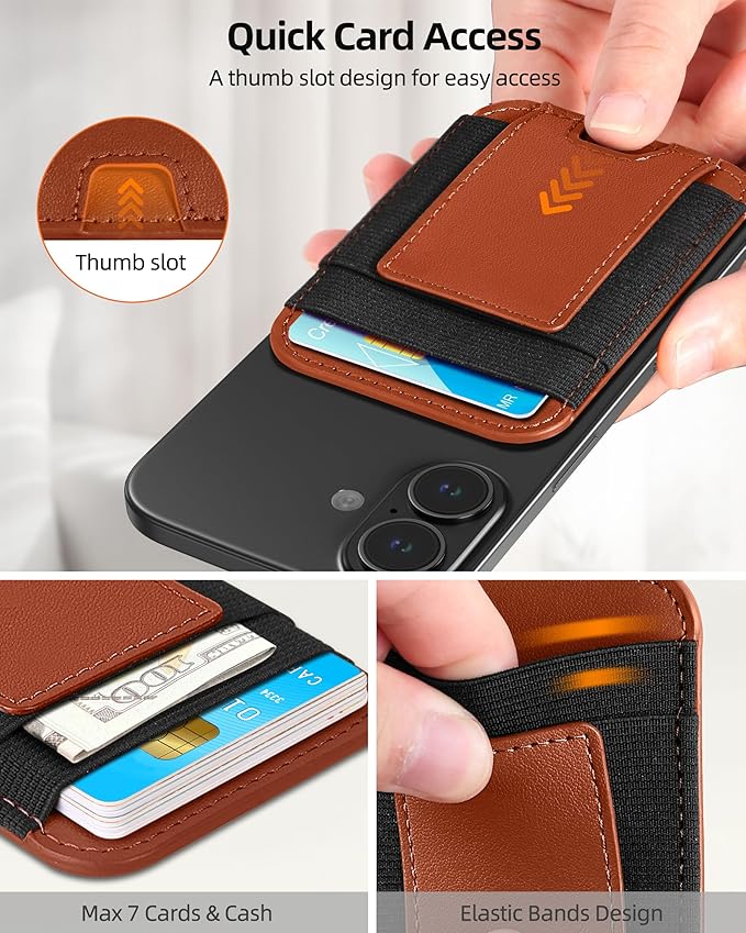 Upgraded for Magsafe Wallet, Strongest Magnetic Wallet, for iPhone Wallets Magsafe with 2 Card Slots, Magnetic Card Holder for iPhone 17/16/15/14/13/12 Series, Vegan Leather, Fit 7 Cards, Brown-2