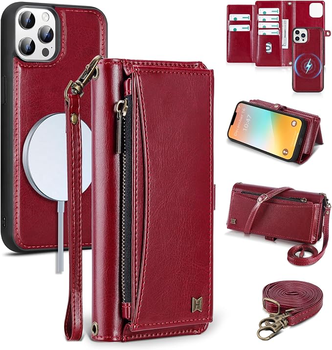 Wallet Case for iPhone 13 Pro with Card Holder/Crossbody Wallet/Strap| RFID Blocking | Magnetic | Kickstand | Detachable | PU Leather Phone Case for iPhone 13 Pro,6.1 in,Wine Red