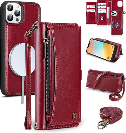 Wallet Case for iPhone 13 Pro with Card Holder/Crossbody Wallet/Strap| RFID Blocking | Magnetic | Kickstand | Detachable | PU Leather Phone Case for iPhone 13 Pro,6.1 in,Wine Red
