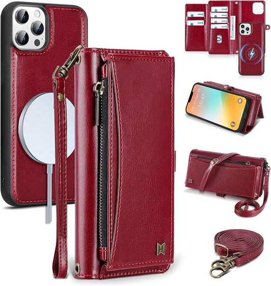 Wallet Case for iPhone 13 Pro with Card Holder/Crossbody Wallet/Strap| RFID Blocking | Magnetic | Kickstand | Detachable | PU Leather Phone Case for iPhone 13 Pro,6.1 in,Wine Red