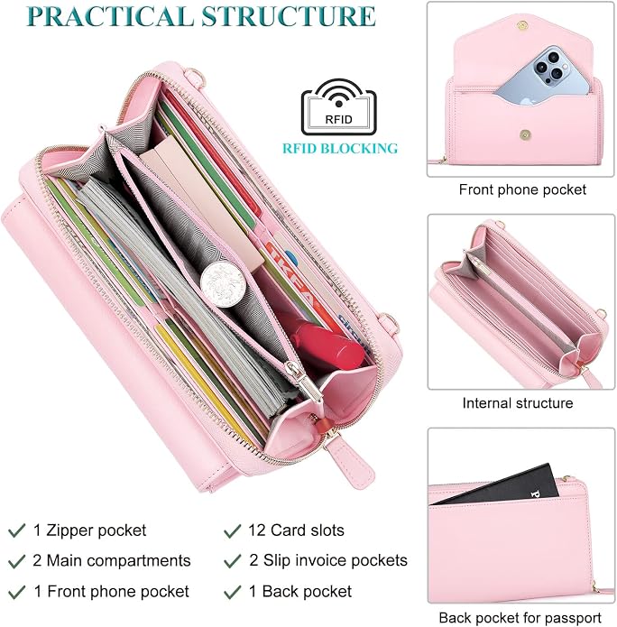 Peacocktion Crossbody Bags for Women RFID Wristlet Wallets Travel Vegan Leather Small Clutch Purses with Phone Pocket Zipper