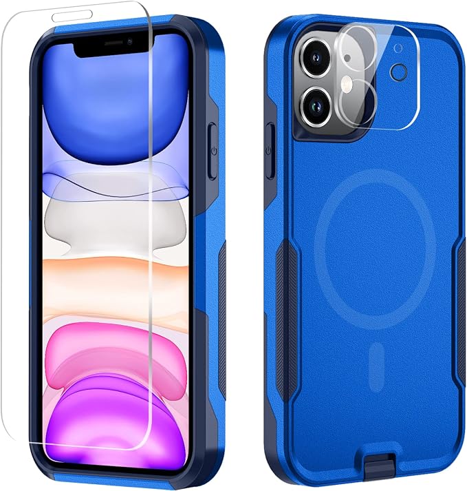 Xmon for iPhone 11 Magnetic Case [Compatible with MagSafe] Tempered Glass Screen Protector with Camera Lens Protector Phone Case Cover for Apple iPhone 11 (Magnetic Blue)