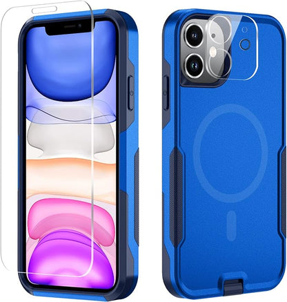 Xmon for iPhone 11 Magnetic Case [Compatible with MagSafe] Tempered Glass Screen Protector with Camera Lens Protector Phone Case Cover for Apple iPhone 11 (Magnetic Blue)