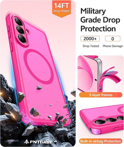 FNTCASE for Samsung Galaxy S26 Case, Fit for Magsafe, with Screen Protector | Full Camera Protection, Translucent Matte, 14FT Military Grade Drop Proof, Shockproof Protective Phone Cover, Hot Pink