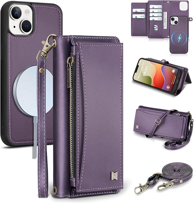 Wallet Case for iPhone 14 Plus with Card Holder/Crossbody Wallet/Strap| RFID Blocking | Magnetic | Kickstand | Detachable | PU Leather Phone Case for iPhone 14 Plus,6.7 in,Purple