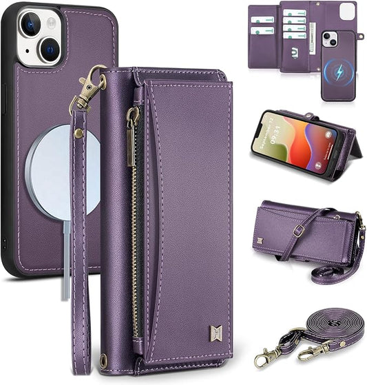 Wallet Case for iPhone 14 Plus with Card Holder/Crossbody Wallet/Strap| RFID Blocking | Magnetic | Kickstand | Detachable | PU Leather Phone Case for iPhone 14 Plus,6.7 in,Purple