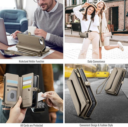 Strapurs Crossbody Wallet Case Compatible with iPhone 17e / iPhone 16e RFID Blocking 7-Card Holder PU Leather Magnetic Snap Shoulder Strap Zipper Pocket Phone Cases for iPhone 17e / 16e - Bronze Gold