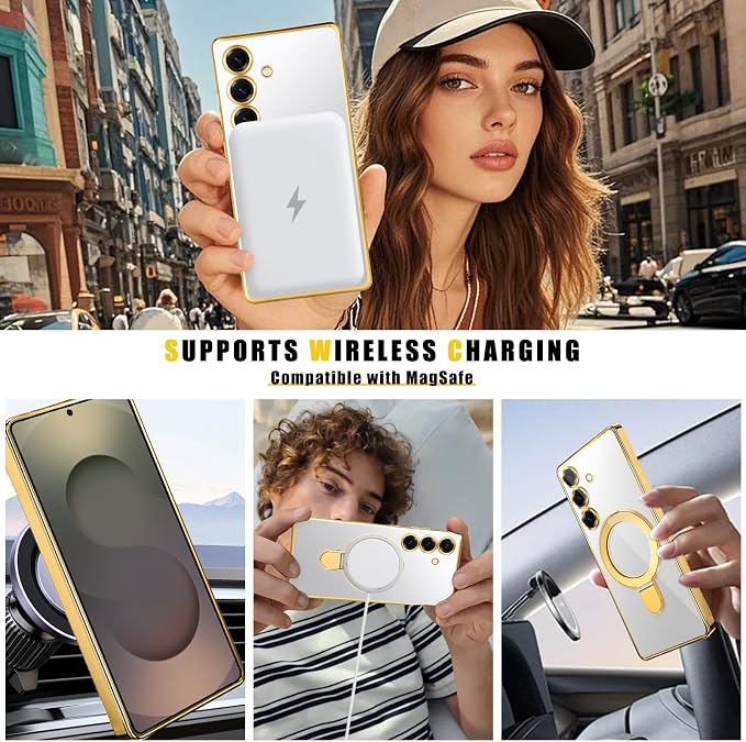 Magnetic Case for Samsung Galaxy S24 Case Stand & Ring Holder Compatible with MagSafe Built-in Camera Lens Protector Shockproof Phone Case for Samsung S24 - Gold