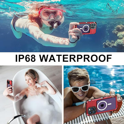WIFORT for iPhone 14 Pro Max Waterproof Case - Metal Shockproof Phone Case Built-in Screen Protector [IP68 Water Proof][14FT Military Grade ], Heavy Duty Full Body Drop Protection Cover, 6.7" Red