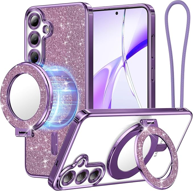 Meifgino Magnetic Case with Removable Phone Ring Stand for Samsung Galaxy S25 Plus, [Glitter Card & Wrist Strap] [MagSafe Compatible] [Built in Mirror] Phone Ring Stand + Phone Case Kit, Purple