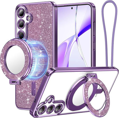 Meifgino Magnetic Case with Removable Phone Ring Stand for Samsung Galaxy S25 Plus, [Glitter Card & Wrist Strap] [MagSafe Compatible] [Built in Mirror] Phone Ring Stand + Phone Case Kit, Purple