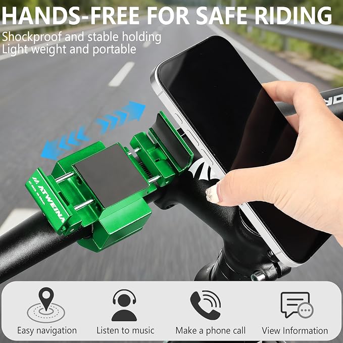 Bike Phone Holder, Motorcycle Phone Mount, Aluminum Alloy Bicycle Handlebar Cell Phone Stand, 360°Rotate Ebike Scooter Phone Clamp Clip, Suitable for 4.5-7.0" Smartphones (Green)