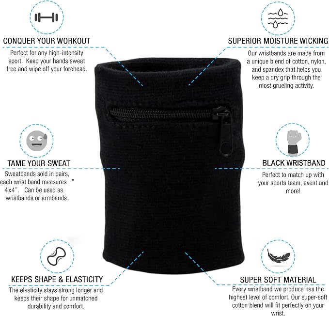 Suddora Zipper Wrist Pouch - Sweatband/Wristband Wallet for Keys, ID, Cards, Cash