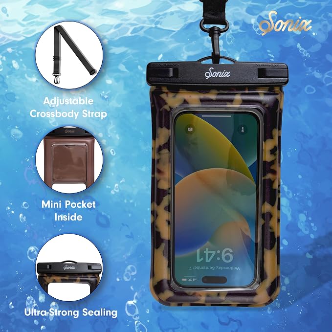 Sonix Waterproof Phone Pouch - Floating Phone Case Dry Bag w/Crossbody Lanyard - Beach Cruise Travel Essentials - Compatible w/All Devices, Touchscreen Friendly | Brown Tort
