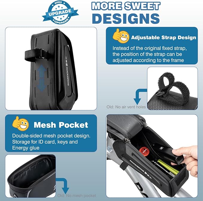 ROCKBROS Bike Phone Mount Racks & Bag, Oversized EVA Waterproof Bike Phone Holder Top Tube Front Frame Bag Bicycle Accessories Pouch for Phones Under 7.5” (Black-1.7L(Flip-top design))
