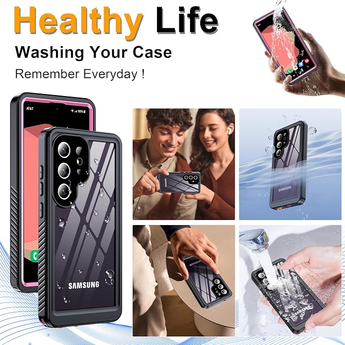 GOLDJU for Samsung Galaxy S25 Ultra Case Waterproof,IP68 Waterproof Dustproof Case with Built-in Screen Protector, Full Body Protective Phone Cover for Galaxy S25 Ultra 6.9 Inch, Pink/Clear
