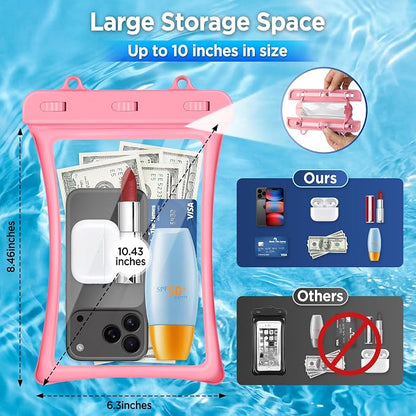 CACOE [Floatable Floating Universal IPX8 Waterproof Phone case 2 Pack-Up to 10.0",Adjustable Lanyard Phone Pouch,Cellphone Dry Bags for Vacation Beach Pool Kayak Cruise Travel Essentials（Black+Pink）